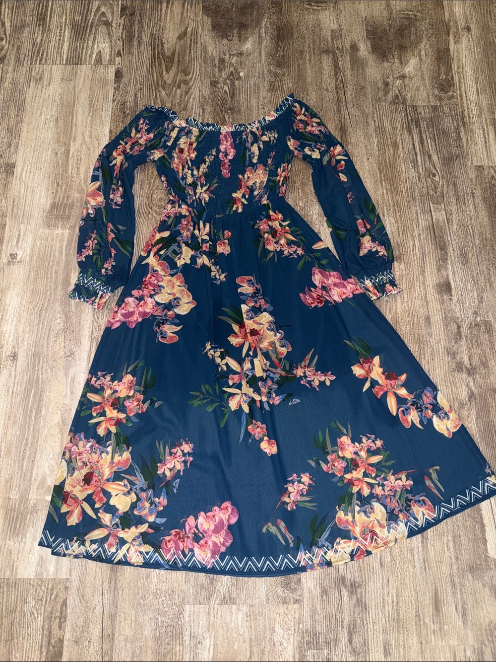 Flying Tomato Navy Floral Off-Shoulder Midi Dress - Picture 1 of 6